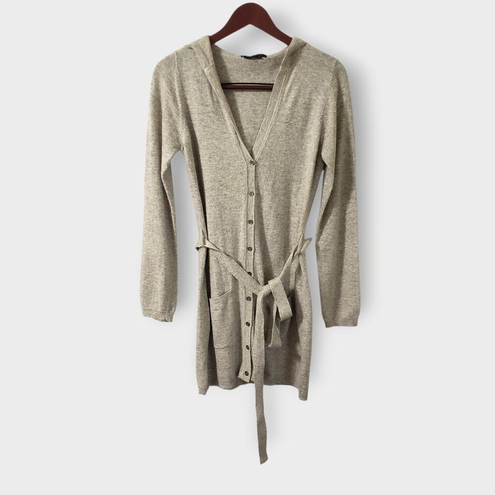 BCBGMAXAZRIA Angora Cashmere Tie Front Longline Hooded Cardigan Oatmeal Sz Med